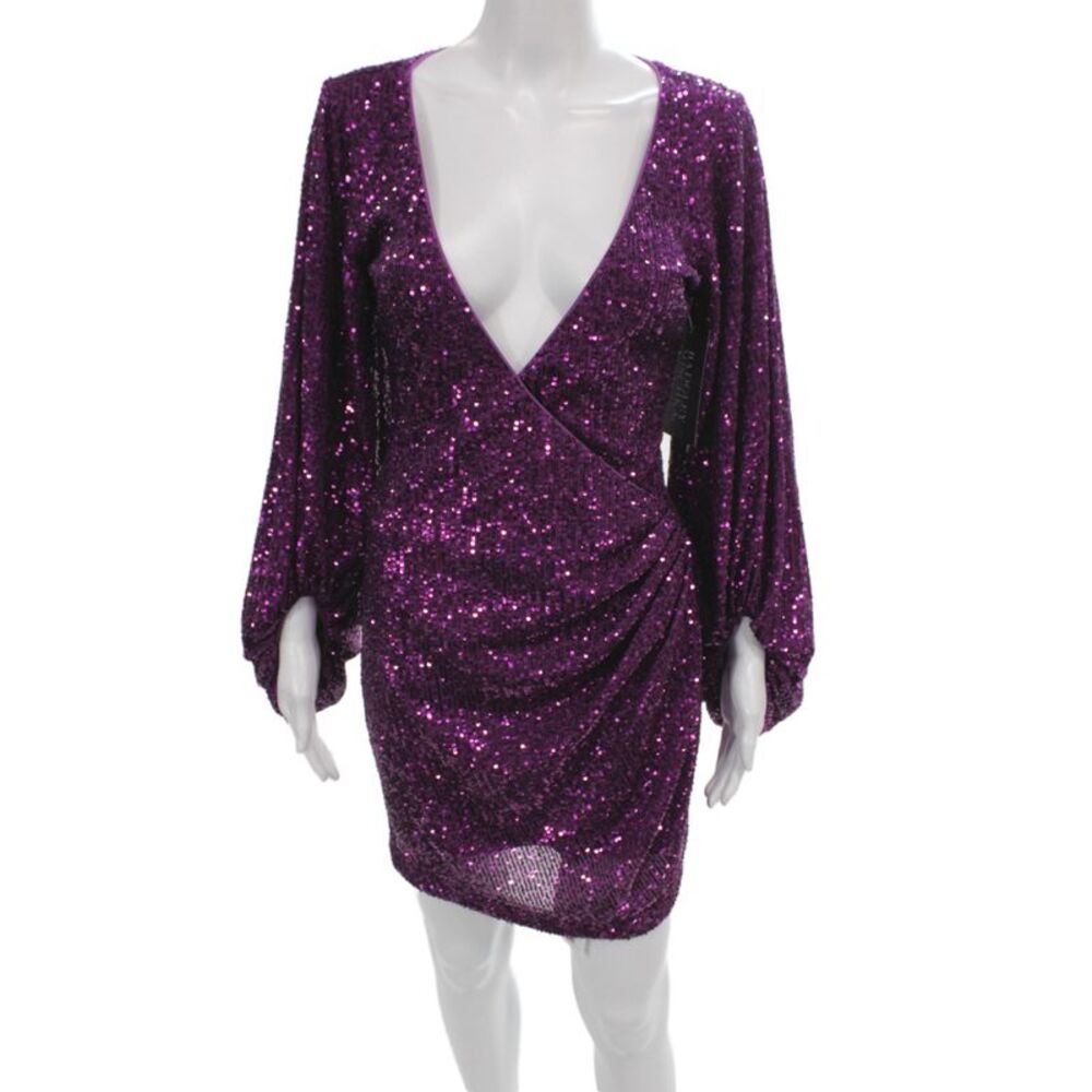 One 33 Social Women Sequin Purple V-Neck Long Sleeve Mini Dress Size 1